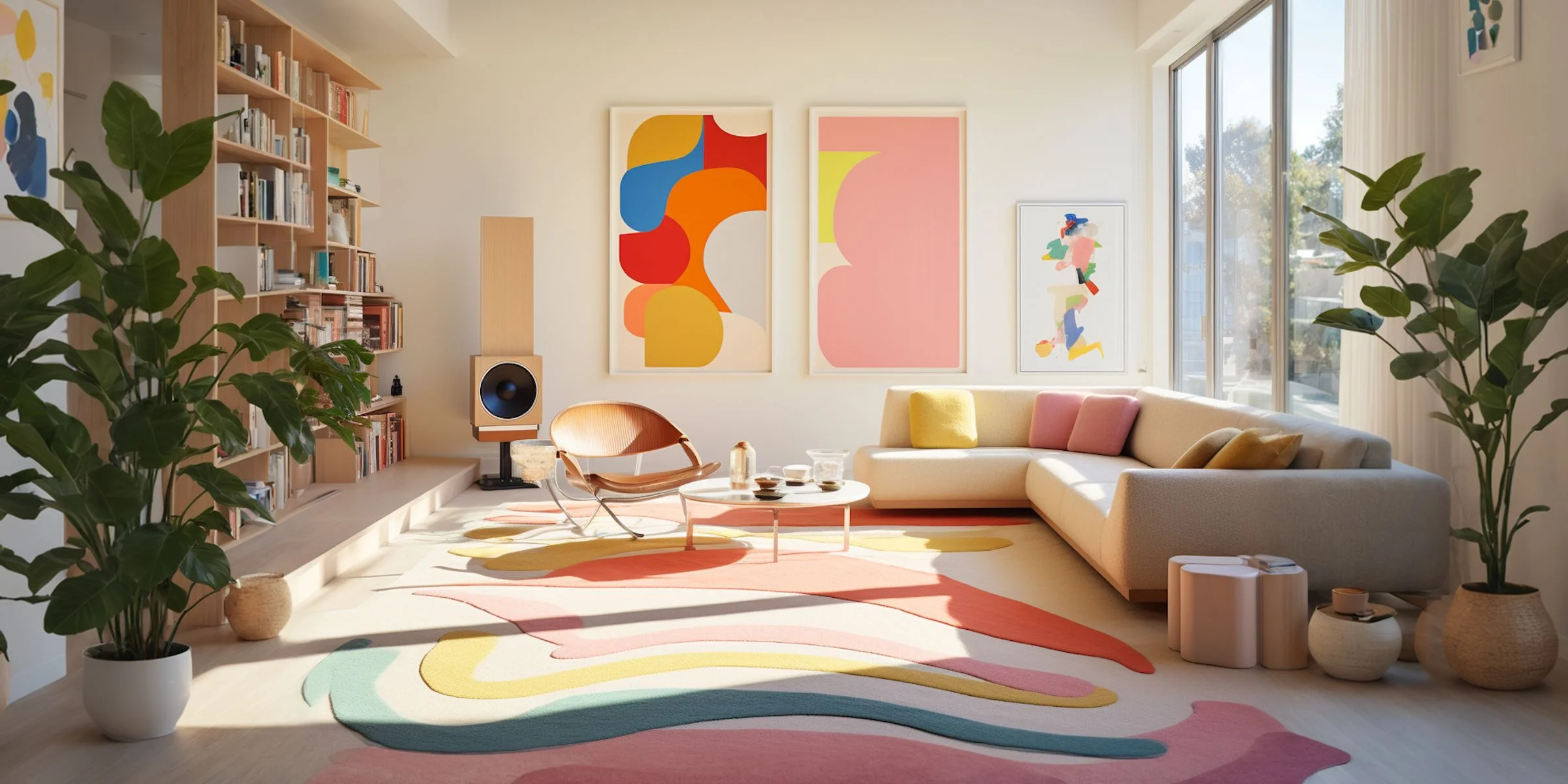 Interior moderno con plantas y decoración colorida